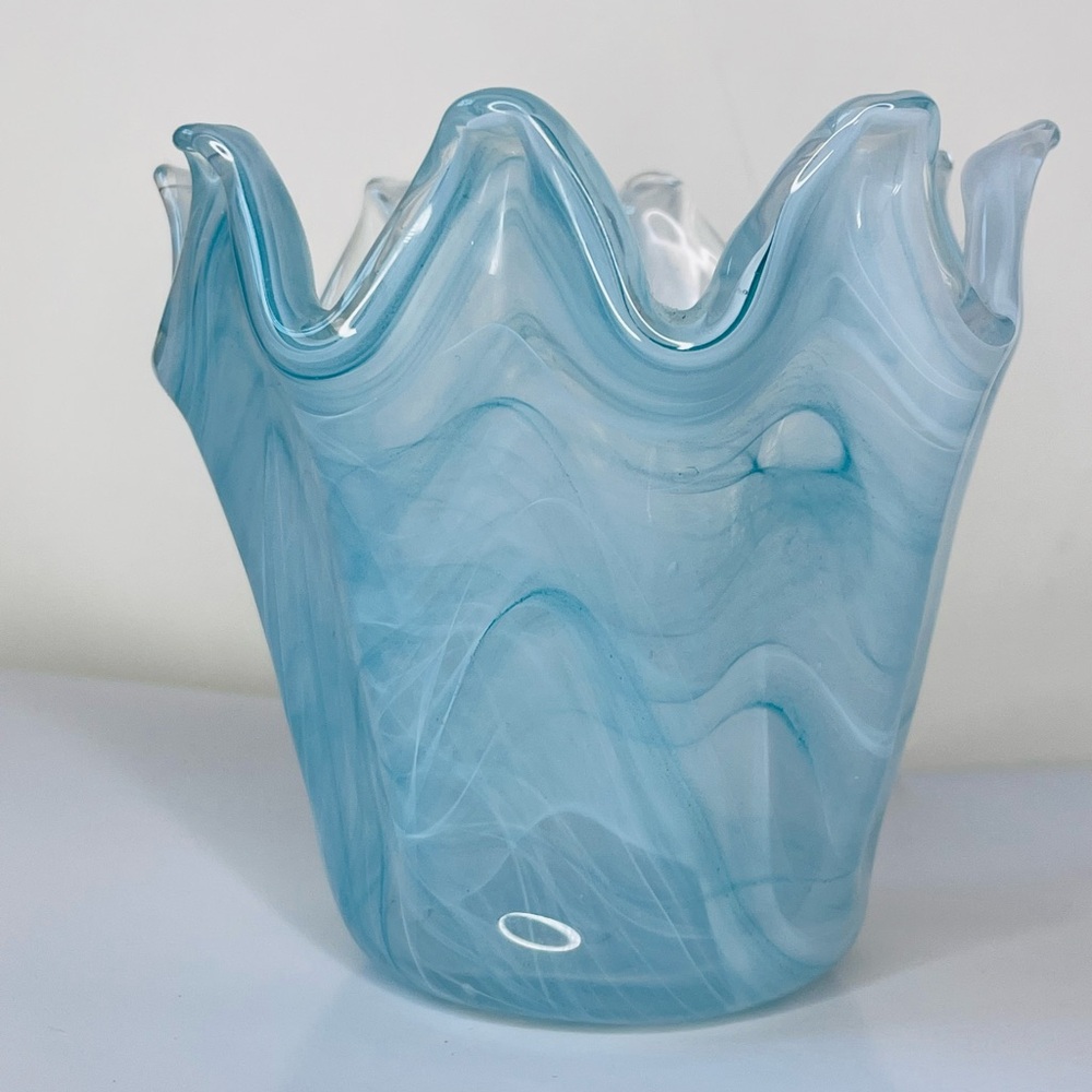 Vintage Hand Blown Glass Vase Blue White Ruffled Handkerchief Bowl Murano style